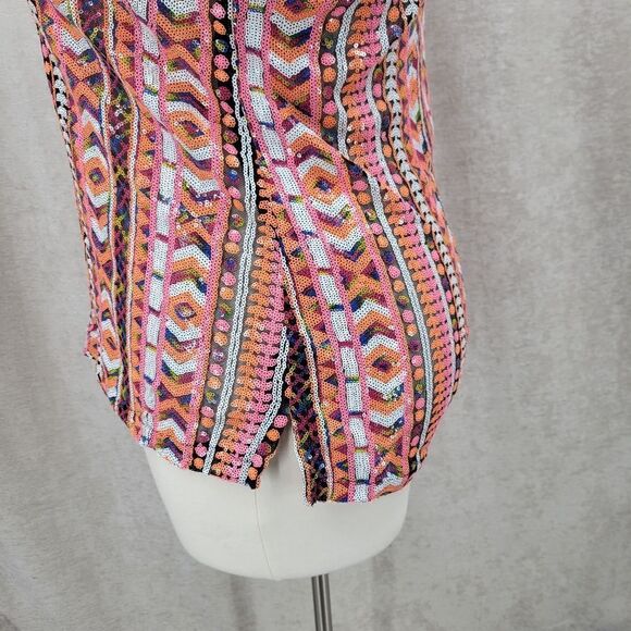 Sequin Mesh Vneck Top Shirt Colorful Pink Orange White Aztec Geometric - Picture 7 of 11